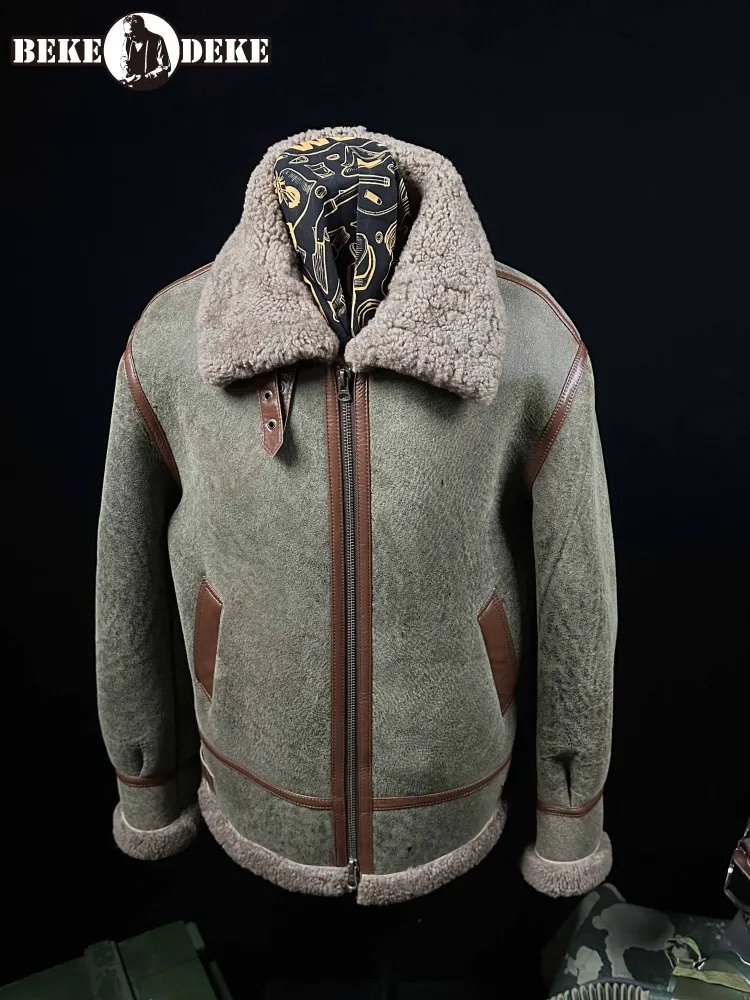 Winter Vintage Mens Real Fur Warm Wool Liner Streetwear Motorcycle Jacket Casual Pilot Genuine Leather Shearling Coat Large Size