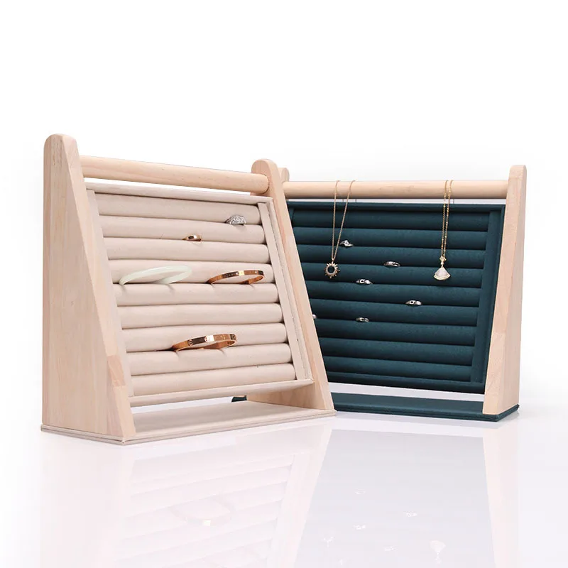 Wood Slope Jewelry Display Necklace Pendant Earrings Rings Organizer Stand Holder Rack Showcase Tray