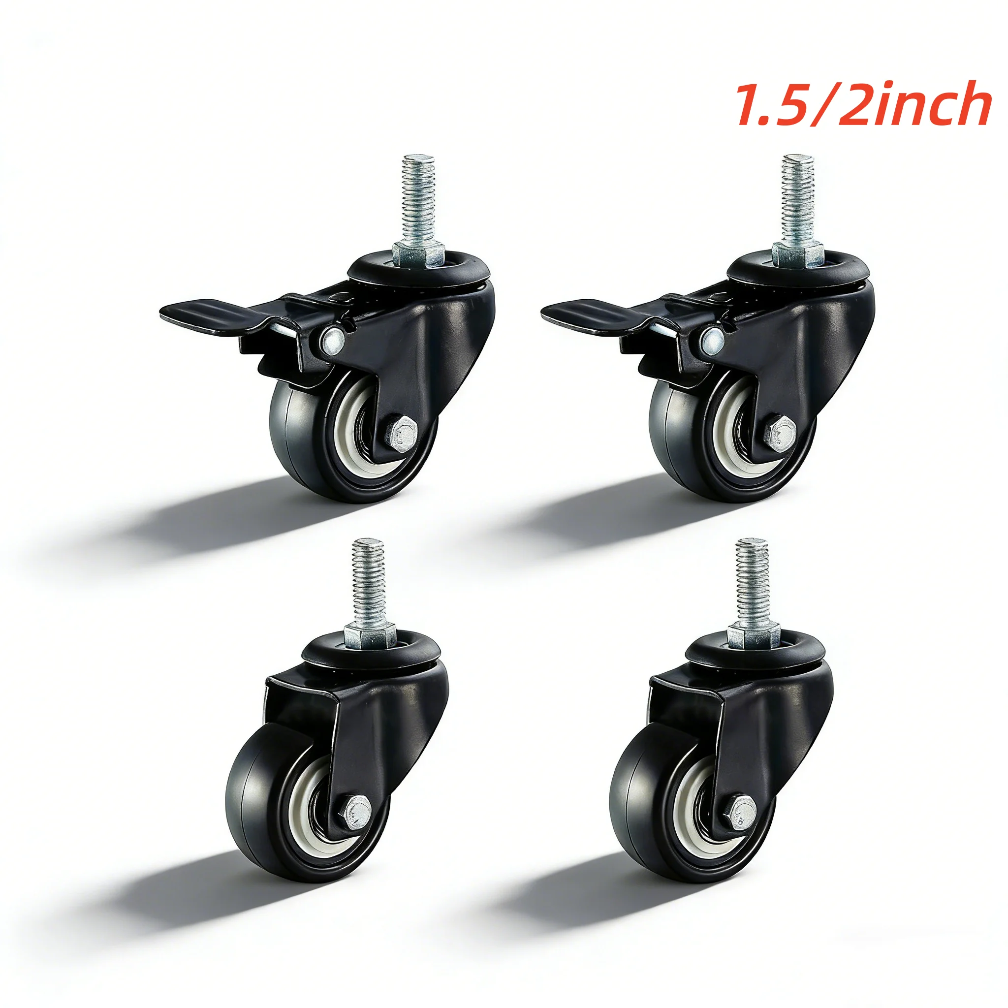 4 Stück Möbelrollen, robust, 1,5/2 Zoll, 360 drehbar, M8, M10, Gewindeschaft, Lenkrollen mit Bremswagenplattform