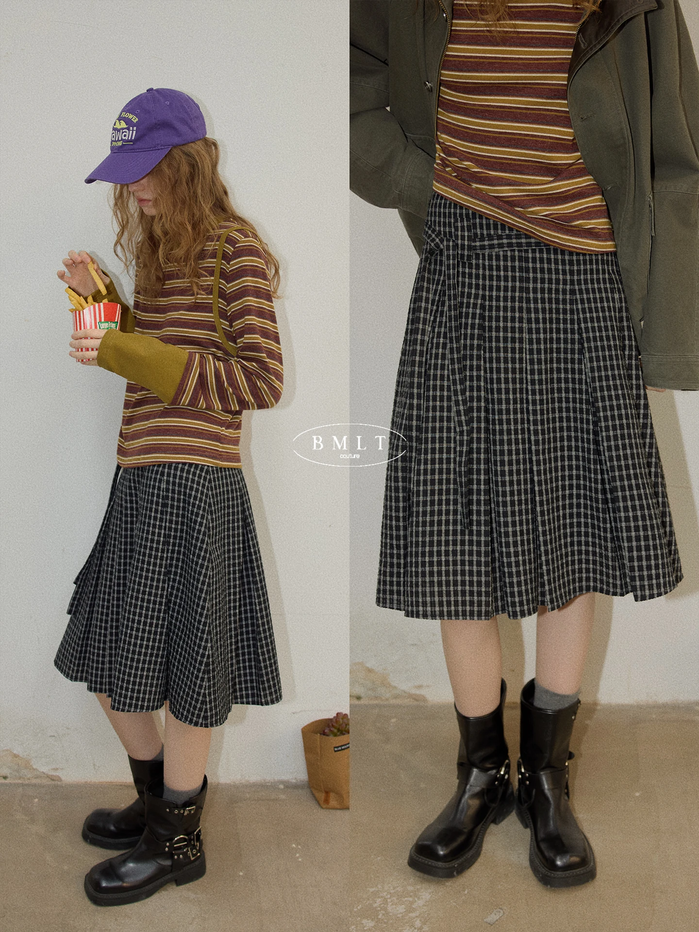 

BMLT Retro High Waist Plaid Skirt Midi Length Half Body Spring Korean Style Slimming Black White Grids Women's Skirt