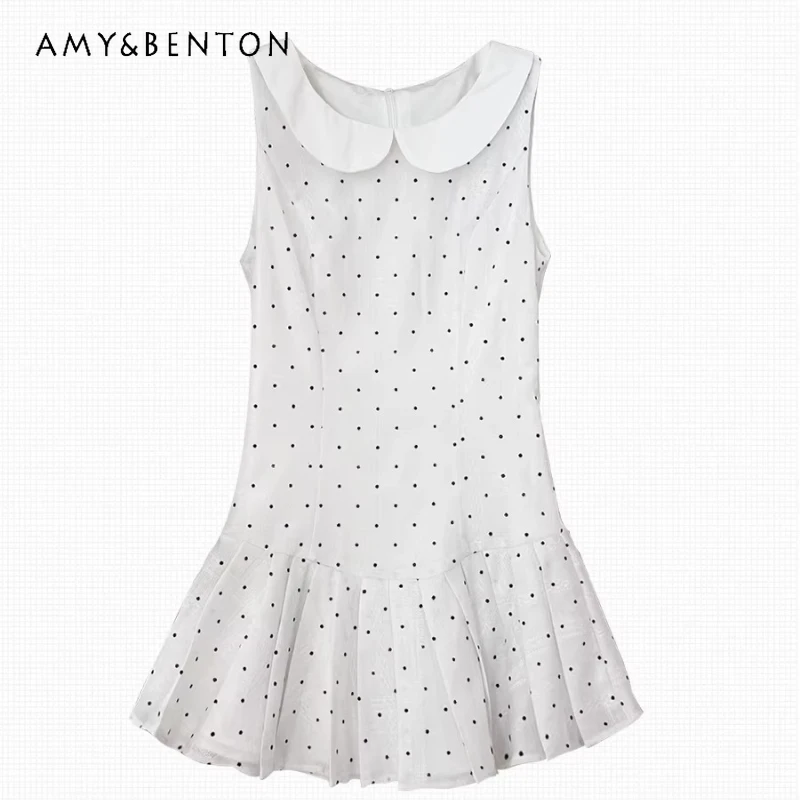 

2026 New White Polka Dot Doll Collar Women's Vest Dress Original Design Sweet Cute Waist-cinching Pleated Short Dresses Ladies