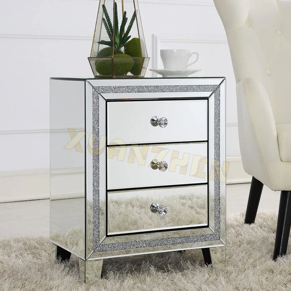 Bedroom Furniture Vanity Luxury Modern Crushed Diamond Side Table Mirrored Nightstand Bedside Table For Sale