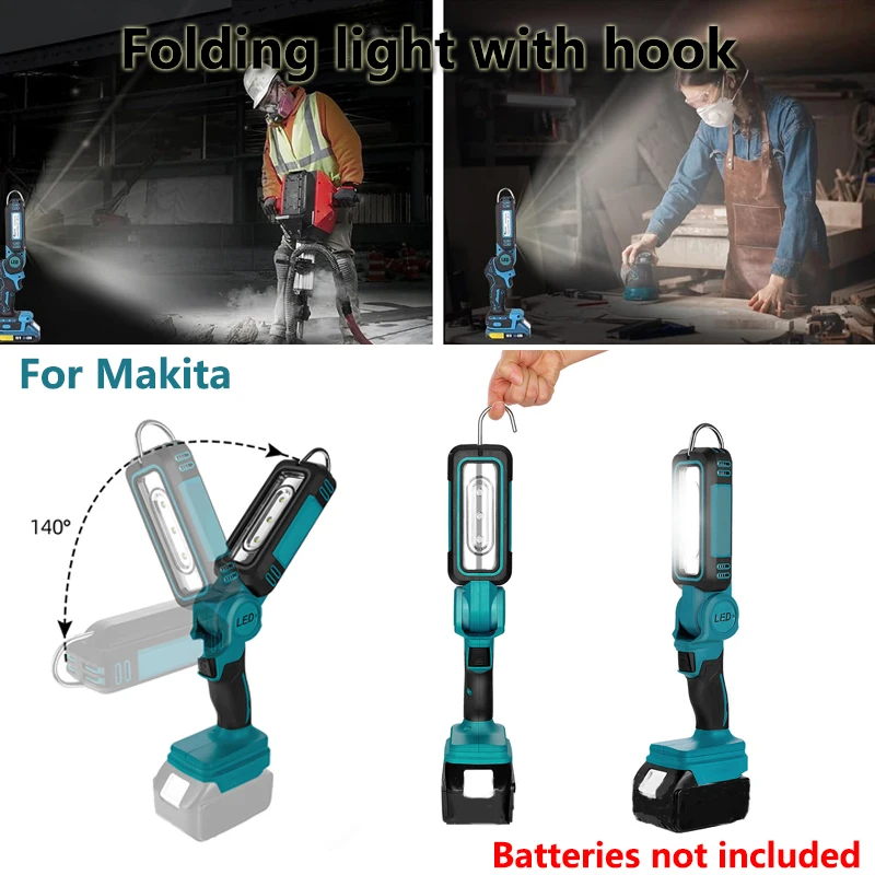 マキタ18Vリチウムイオンバッテリー対応 コードレスLED作業灯 フック付き 回転ヘッド 1200ルーメン 折りたたみ式ライト 作業場 キャンプ アウトドア用