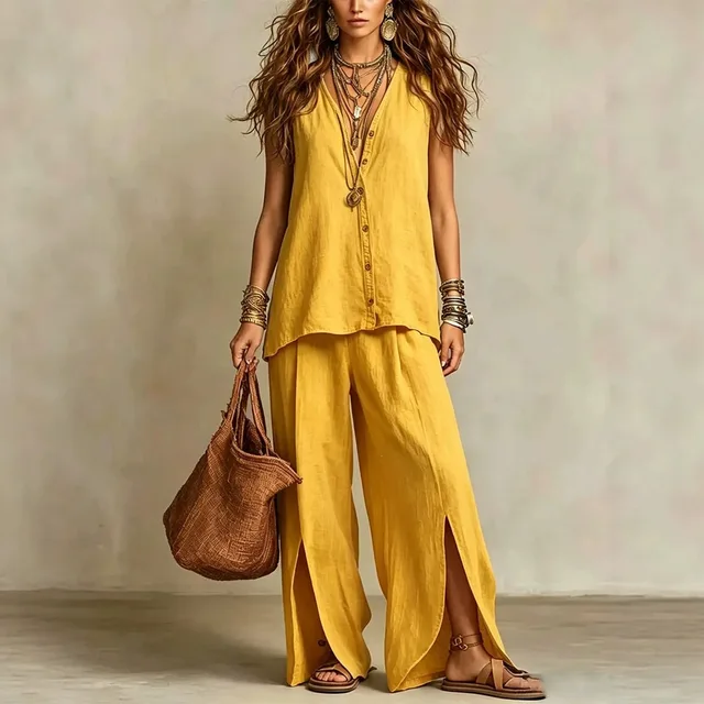Summer Lazy Style Suit Women's Solid Color Sleeveless V-neck Top Split Draped Wide Leg Pants Two-piece Set for Seaside Holiday