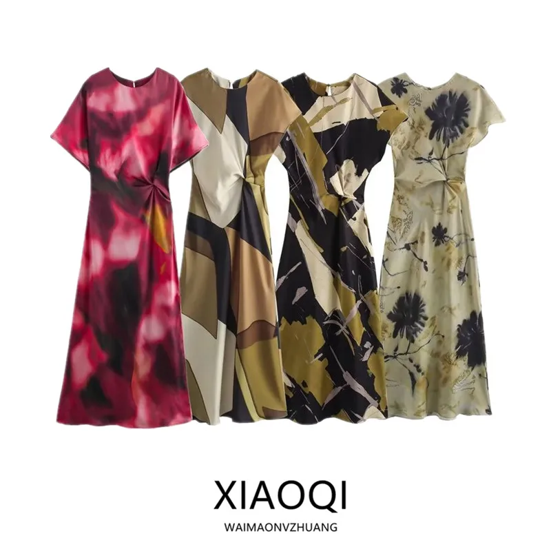 Ele Silk Satin Print Midi Dr Autumn New Arrival Women's Faion Dr ort Sve Single Piece Fine Sle 2024