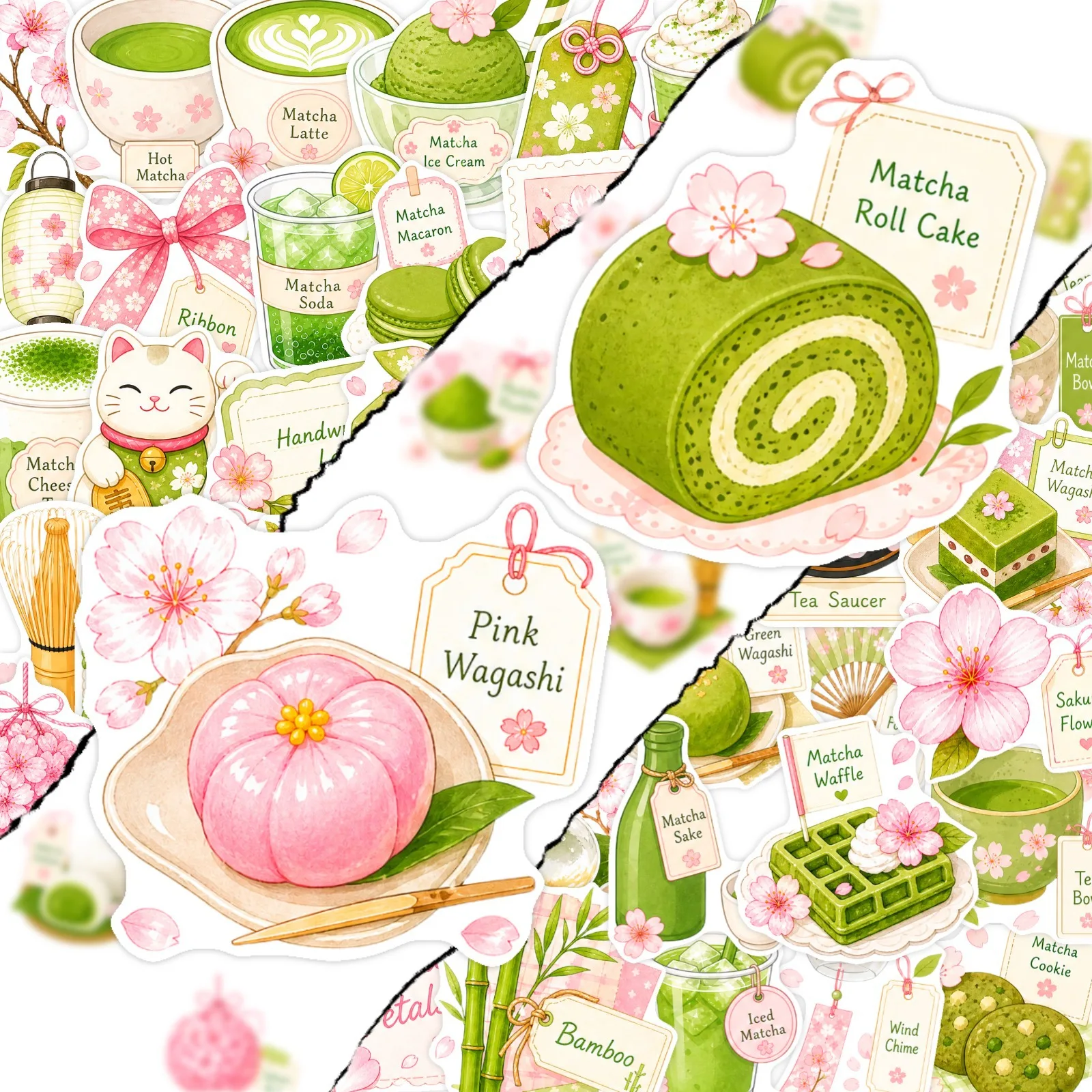 50Pcs Japanese Matcha Sakura Stickers Waterproof Decals Aesthetic Decor for Water Bottle Laptop Luggage Phone Case DIY Craft