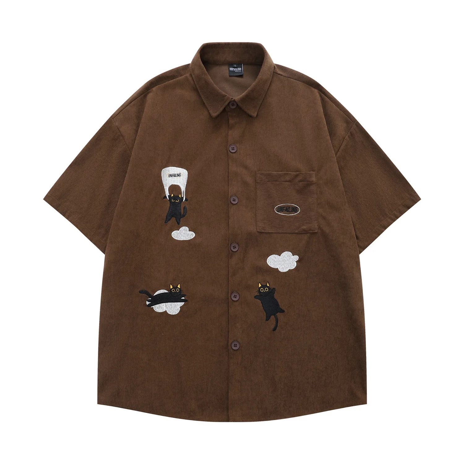 Unisex Corduroy Short Sleeve Shirt Men Women Button Blouse Cute Black Cat Cloud Pocket Design Casual Streetwear Summer Tops