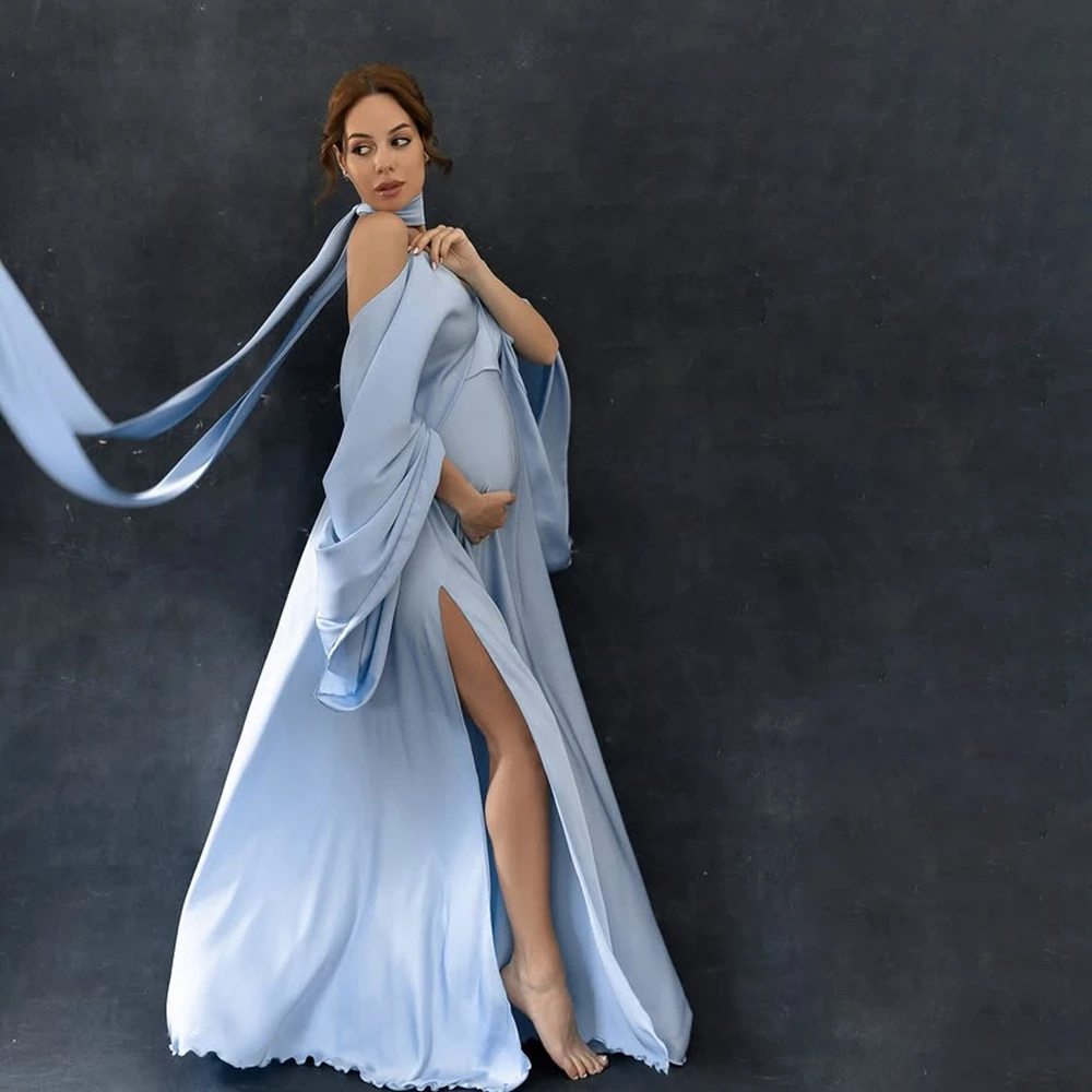 Flowing Ribbon Gown Slit Dress Maternity Photography Props Pregnancy Photo Shoot Outfits Goddess Style Studio Posing Apparel