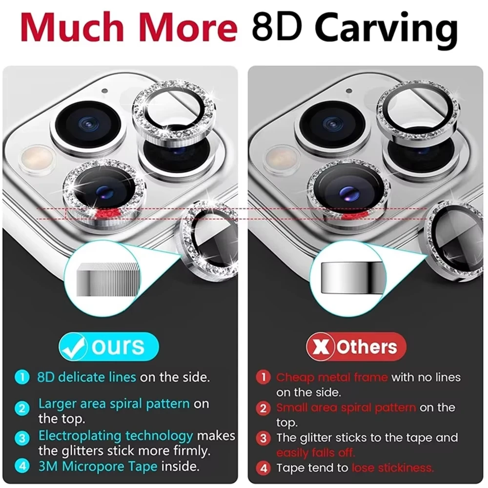 Glitter Bling Metal Glass Camera Lens Protector for iPhone 16 15 14 13 11 Pro Max Plus 12 Mini 15Pro 14Pro Women Ring lens Cover