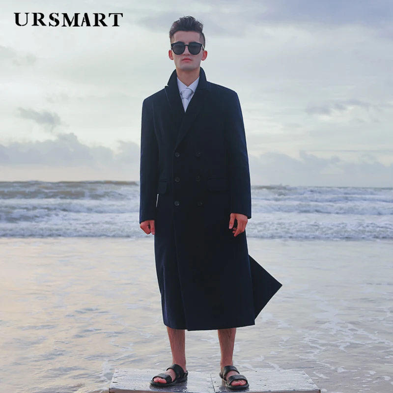 Men's Double Breasted Cashmere Coat  Long Knee Length with Detachable Down Liner Thickened Business Fashion