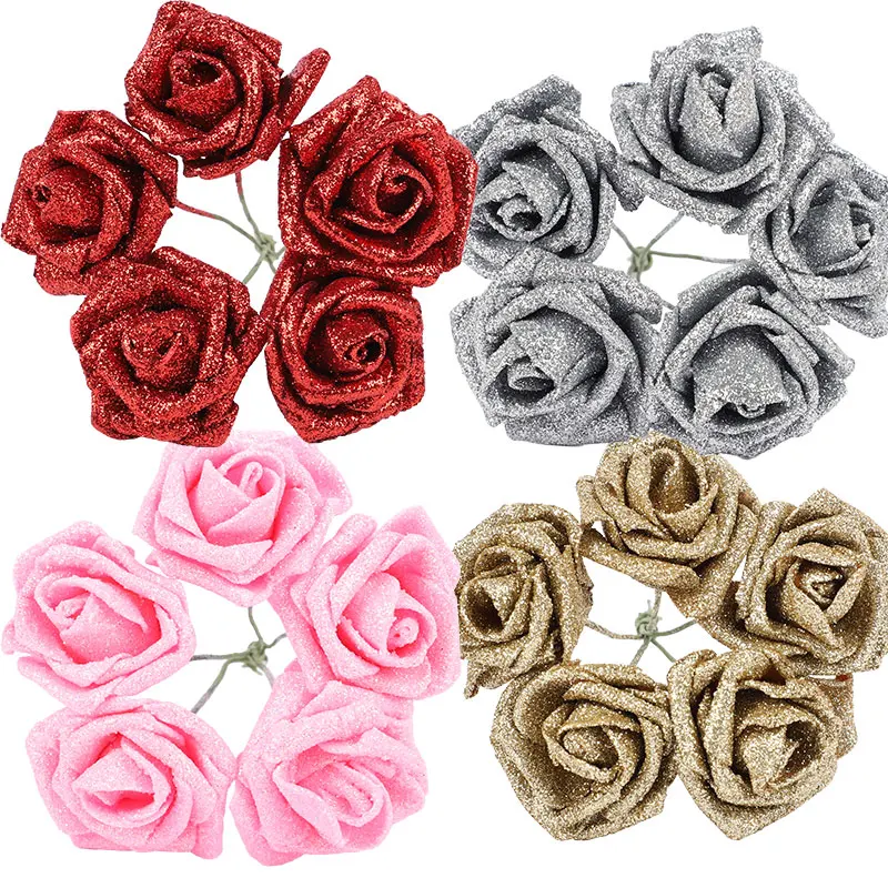 

5Pcs 6cm Glitter Powder Foam Rose Artificial Roses Flower Head Wedding Party DIY Bridal Bouquet Fake Flower Home Decoration