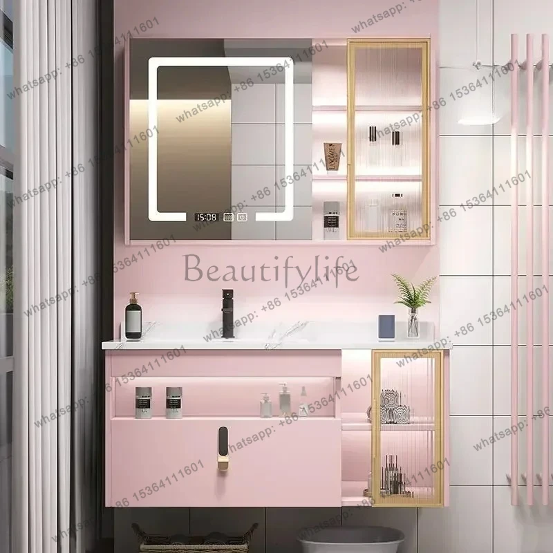 

Modern Cute And Pink Smart Bathroom Cabinet Combination Washstand Light Luxury Net Red Cabinet Bathroom Oak Milk Tea Color