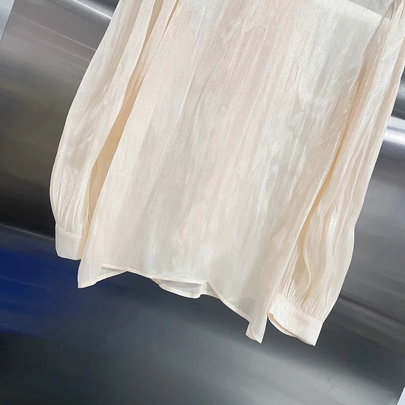 KBQ Franse stijl effen losse elegante blouse voor dames ronde hals lange mouw herfst temperament lace-up casual shirts vrouwelijk nieuw