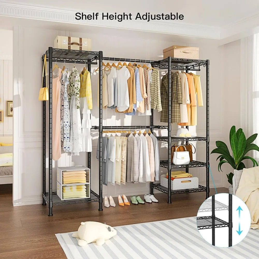 

Garment Rack, Heavy Duty Clothes Storage System with Extendable Hangers Rods, Metal Clothe Rack with 6 Wire Shelves