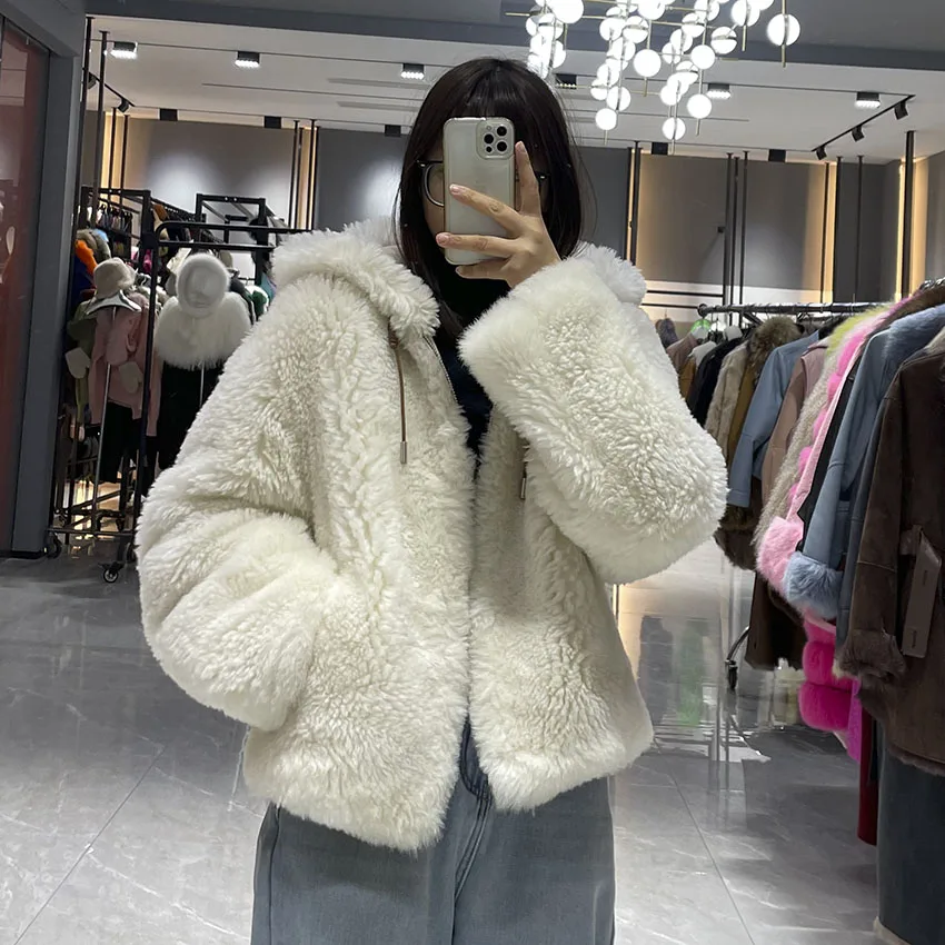 JANEFUR Damen Winter Warmer Mantel Echtpelz Wolle Lammfell Mantel Mode Weiß Niedlich Flauschiger Stil JFB9-25014