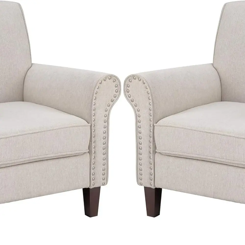 

Pair of Mid-Century Modern Accent Chairs with Cushions, Nailhead Trim, and Rolled Arms for Living Spaces, Beige