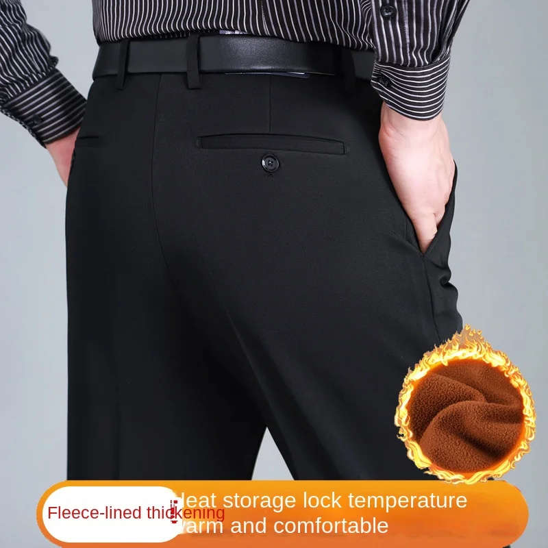 High Waist Straight Fleece Winter Mens Suit Pants Thicken Warm Black Blue Office Business Trousers Flat Formal Pants For Men