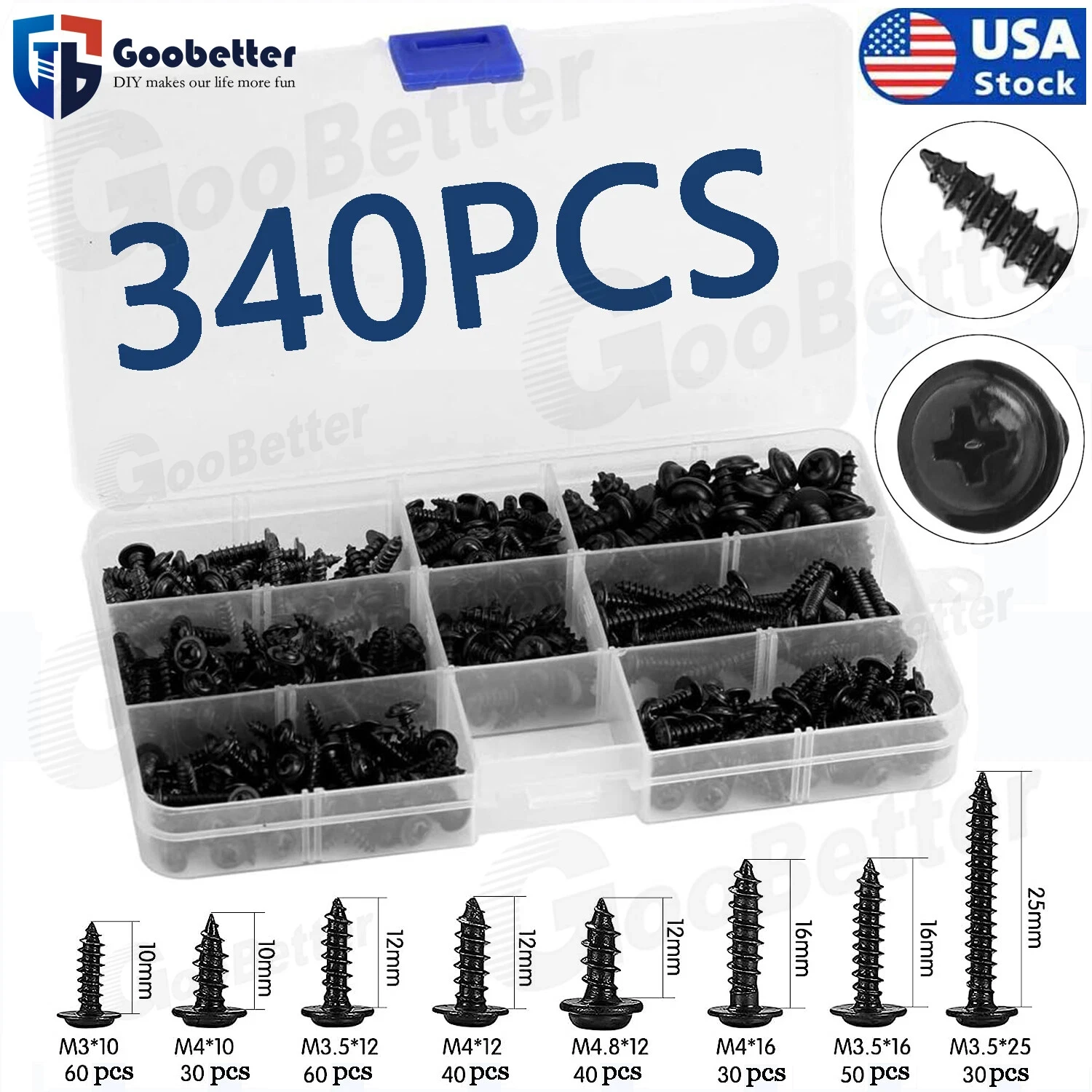 

340pcs Black Self-tapping Screws Pan Head PWA Cross Round Head With Washer Cushion M3 M3.5 M4 M4.8
