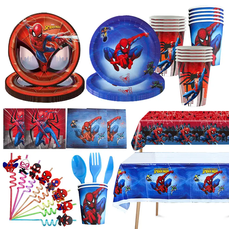 Spiderman Birthday Party Decorations Paper Cups Plates Tablecloth Red Blue Theme Tableware Supplies Balloons For Baby Boys Gifts