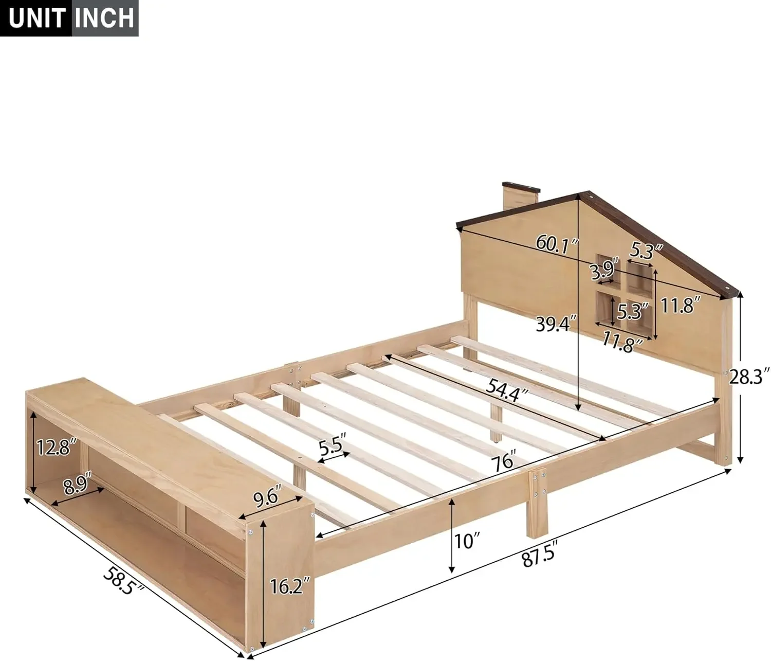 Full Size House Platform Bed with LED Lights and Storage,Wood Kids Bed Frame w/House-Shaped Headboard and Slats Support, No Box