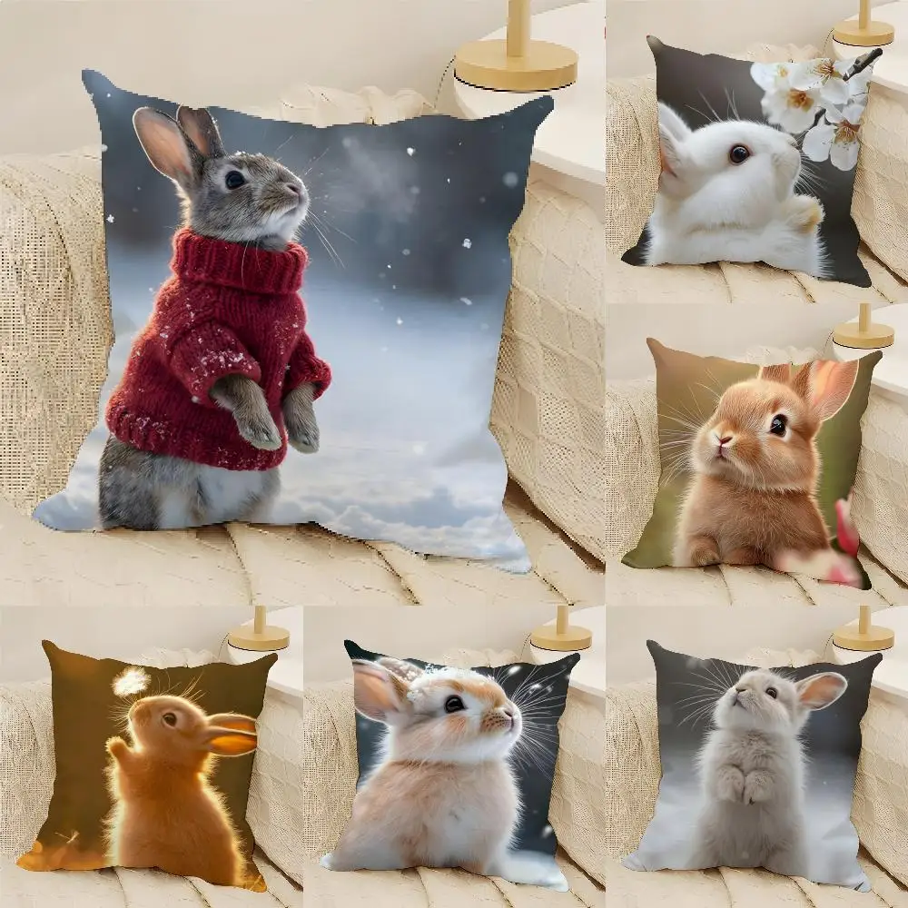 Cute Fluffy Baby Rabbit Cushion Cover Natural Linen Organic Fabric Double-Sided Printing Sofa Home Decor Gift Pillow Cover