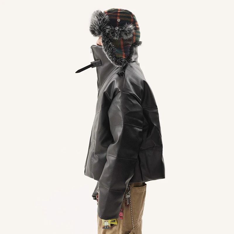 Pfnw americano vintage nicho design gola couro do plutônio algodão-acolchoado casaco para homem na moda quente inverno jaqueta de algodão para homem
