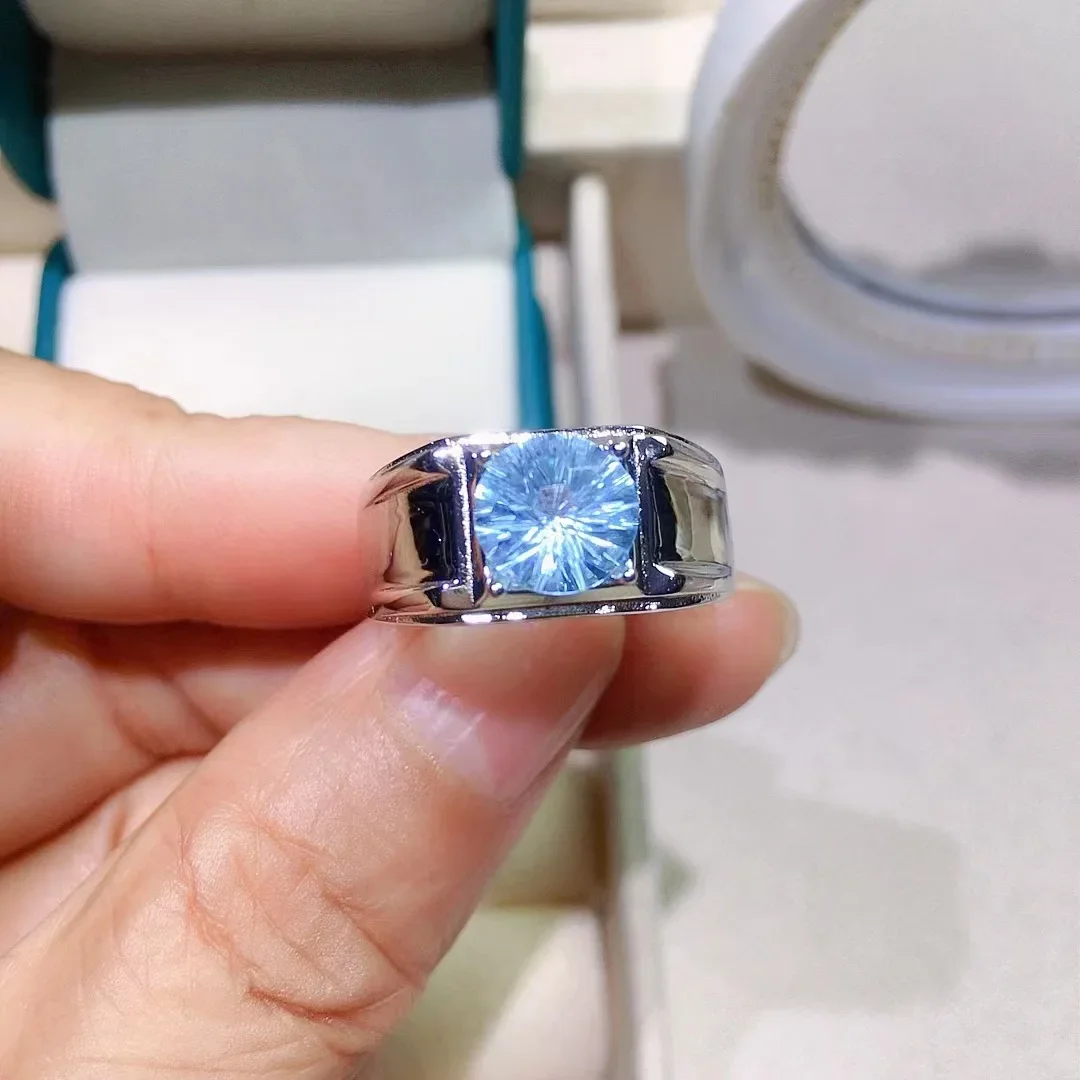 Cincin Pria Topas Biru Terang 2ct Cincin Topas Alami 8Mm * 8Mm untuk Pria Perhiasan Topas Perak 925 untuk Pakaian Sehari-hari