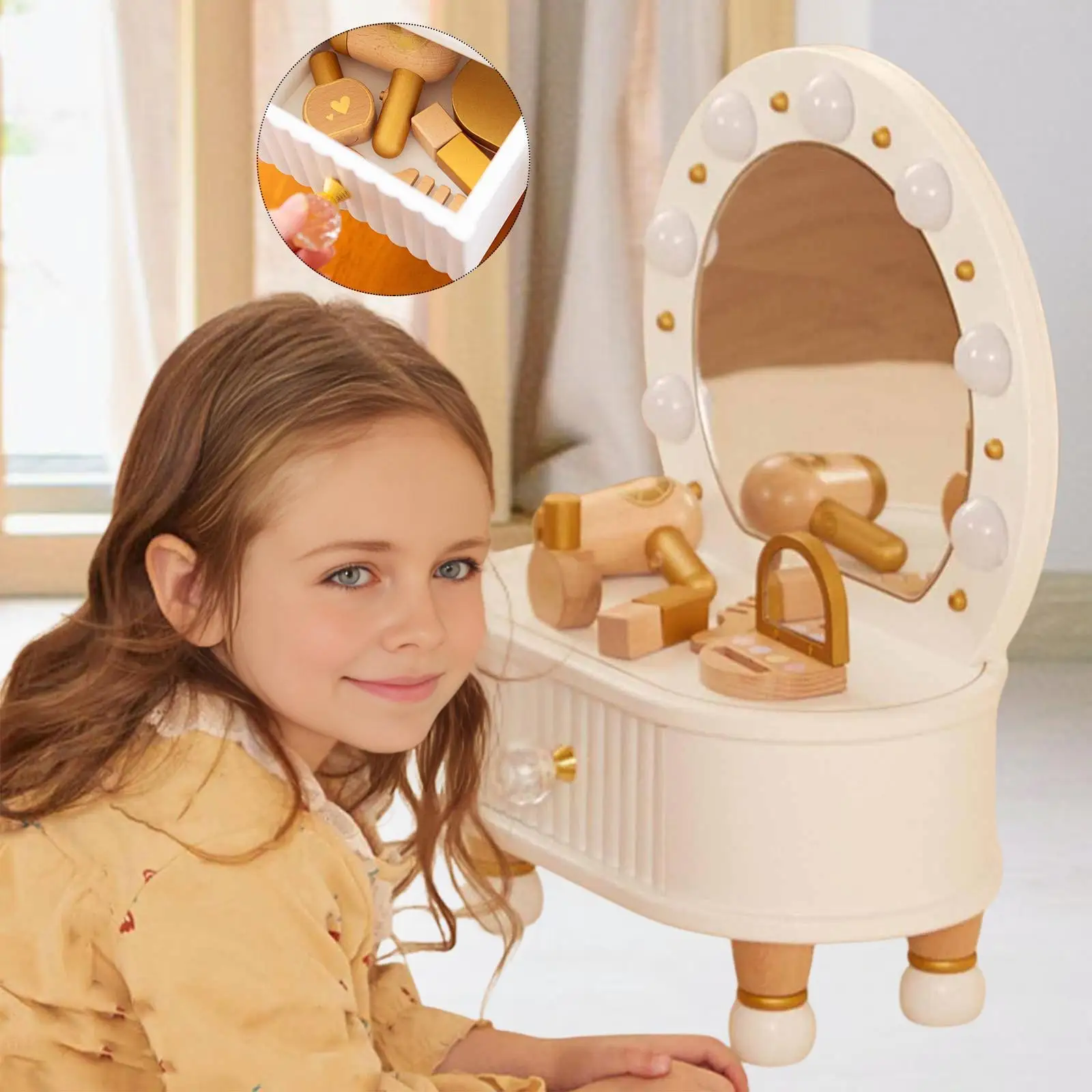 

Wooden Vanity Set Role Playing Toys Little Girls Age 3+ Beauty Salon Playset