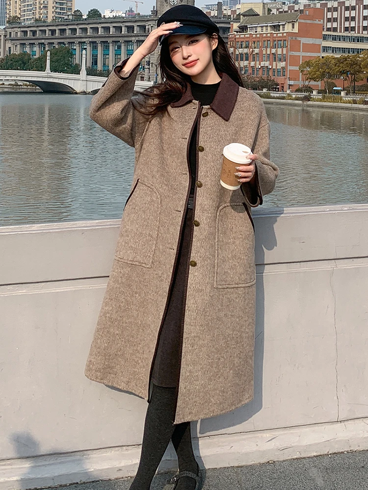 LANMREM Wool Double-sided Coat With Brown Collar Contrast Color Single Breasted Woolen Coats Office Lady Fashion New 2DB1432