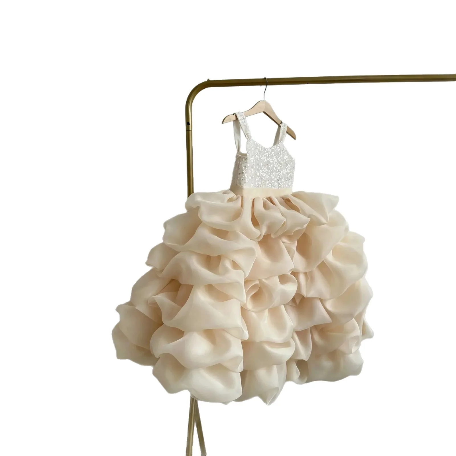 Maßgeschneiderte rosa Tüll-Blumenmädchenkleider, ärmellos, rückenfrei, gestuft, bodenlang, O-Ausschnitt, Festkleid, Ballkleid mit Spaghettiträgern – Detail 6