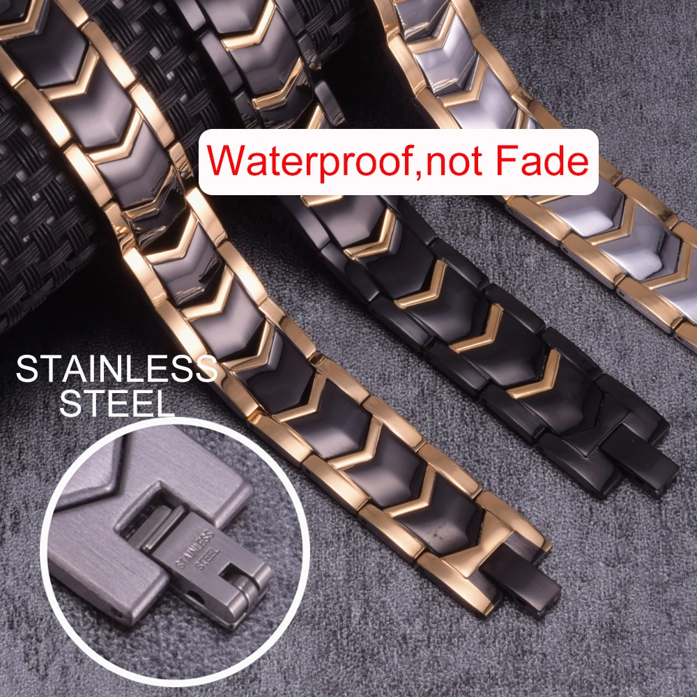 Vinterly Black Magnetic Bracelet Benefits Arrow Gold-color Luxury Stainless Steel Germanium Health Energy Jewelry Waterproof