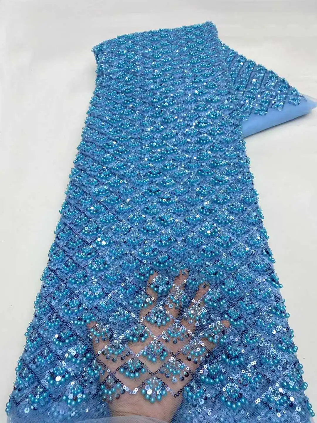 Tessuto di pizzo tull nigeriano di lusso con paillettes di perline fatte a mano per le donne Moda africana 5 metri - Ultimo design di tessuti da sposa