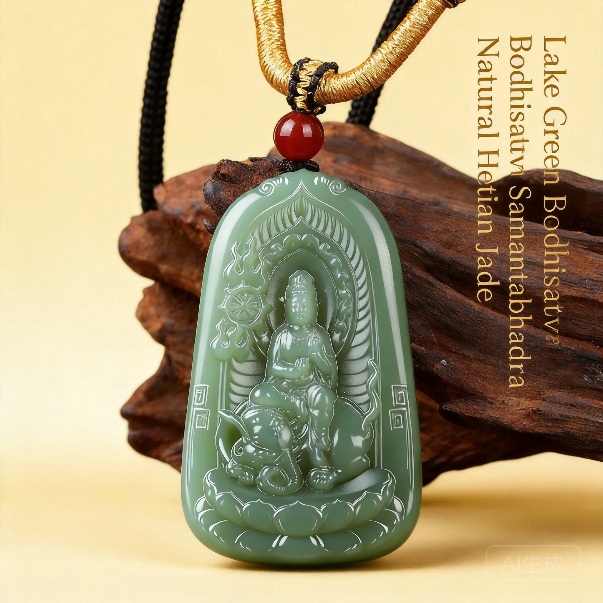 Chinese Traditional Luck Blessing Lake Green Hetian Jade Samantabhadra Bodhisattva Pendant Zodiac Patron Saint Amulet Necklace