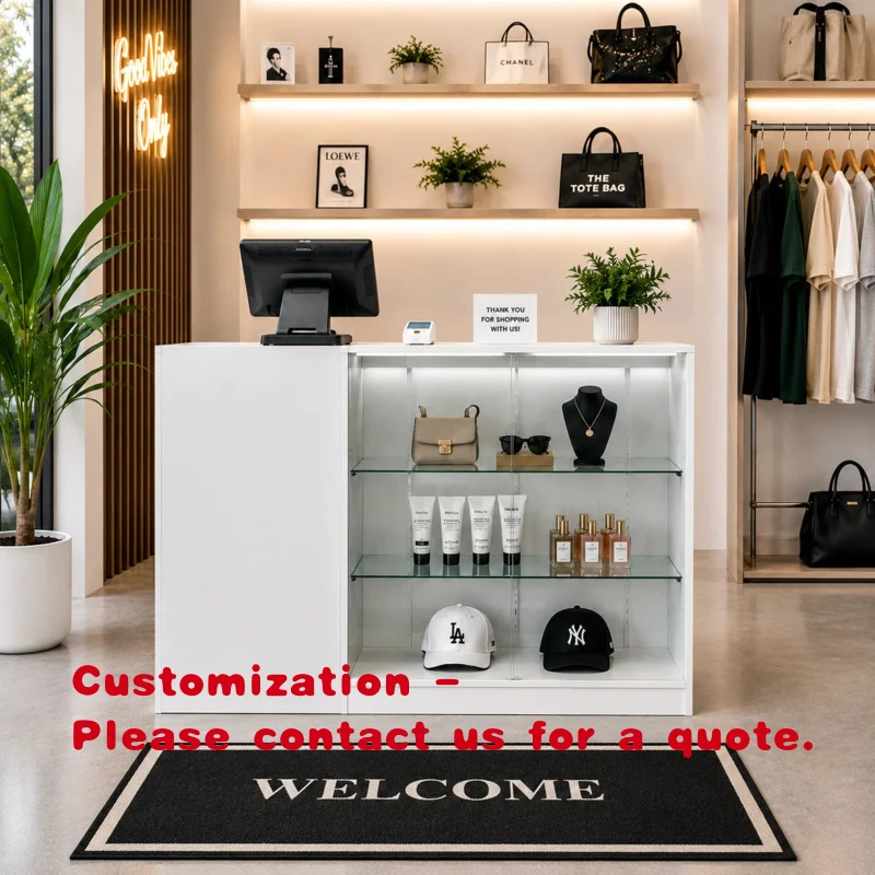 custom.KEWAY White LED Glass Counter Showcase MDF Cash Desk Jewelry Shop