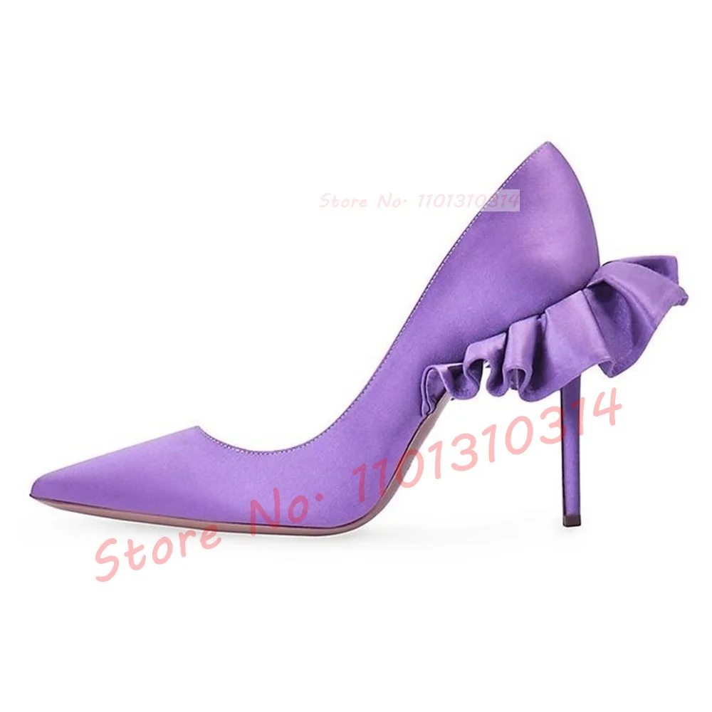 

Purple Ruffles Pointy Satin Pumps Women Elegant Stiletto High Thin Heels Silk Shoes Ladies Chic Large Size Feminine Beige Pumps