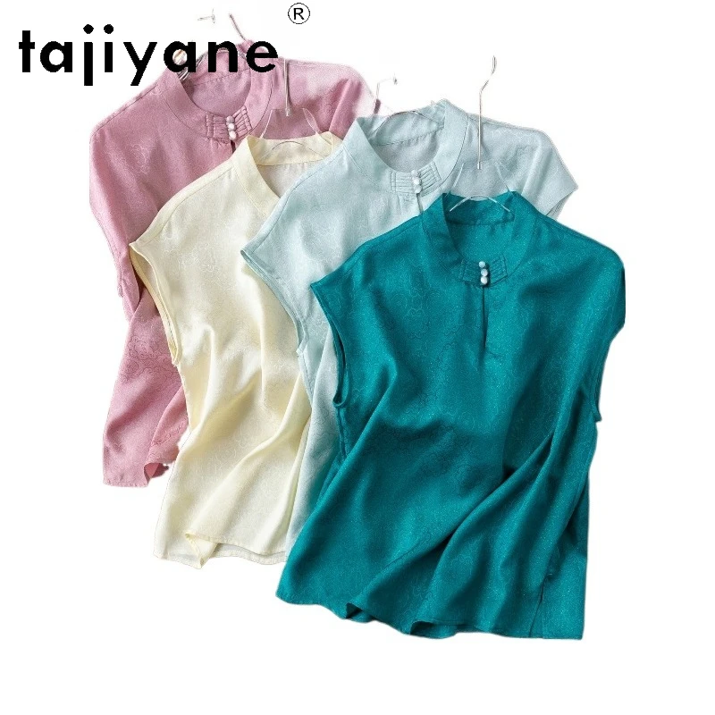 

TAJIYANE 100% Mulberry Silk Women T Shirts Solid Colors Stand Collar Summer Tops Chinese Style T Shirt Woman Clothes 2026 ropa