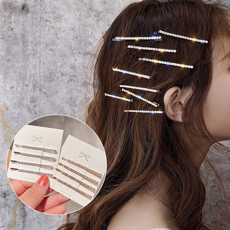 2/4Pcs Jennie With The Same Hair Clips Simple Rhinestone A Word Clip Girl Bangs Clip Side Clip Hair Card Clip Headwear