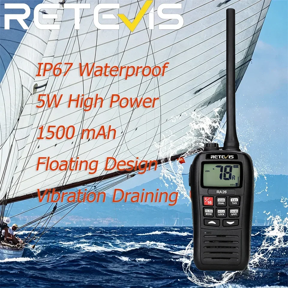 Retevis RA26 Handheld VHF Marine Radio, IP67 Floating Protable Walkie Talkie 5W High Power Water Draining for Offshore Sailing