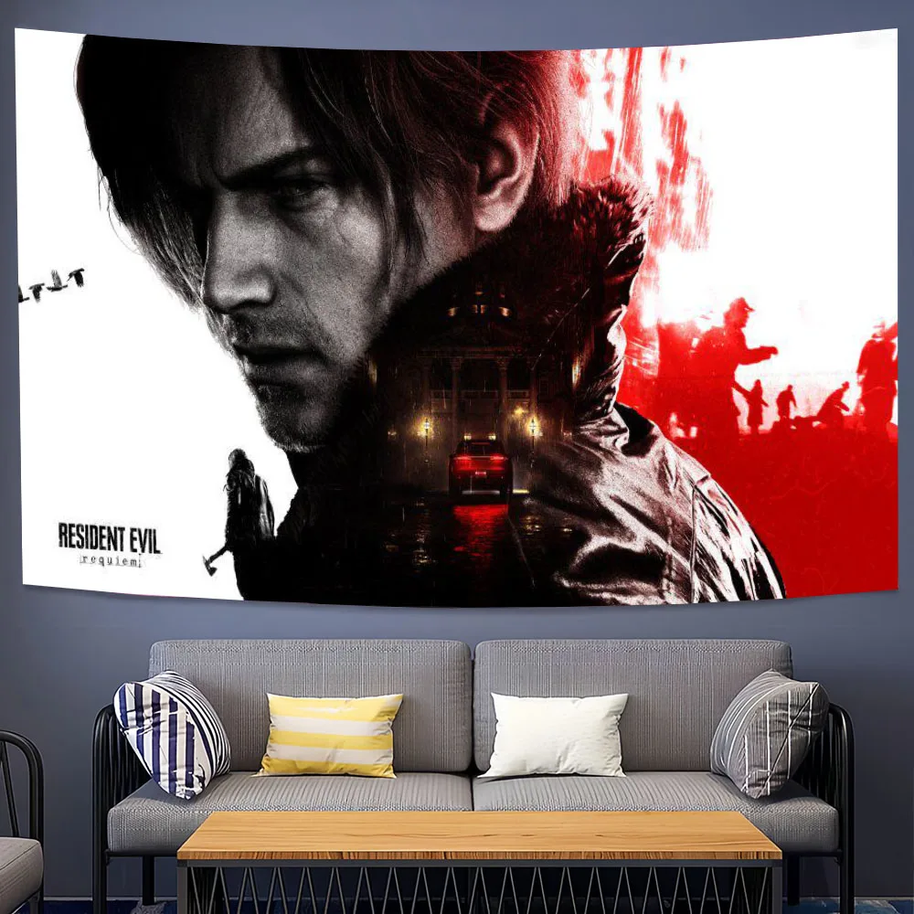 L-Leon K-Kennedy Poster Printed Tapestry R-Resident E-Evil Hippie Style Wall Hanging Home Decor Room Aesthetic Background Cloth