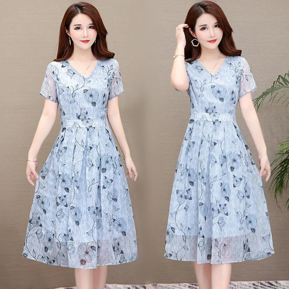 Summer Slim V-neck Floral Dress Elegant Short Sleeves Middle Long Printing Causal Dress