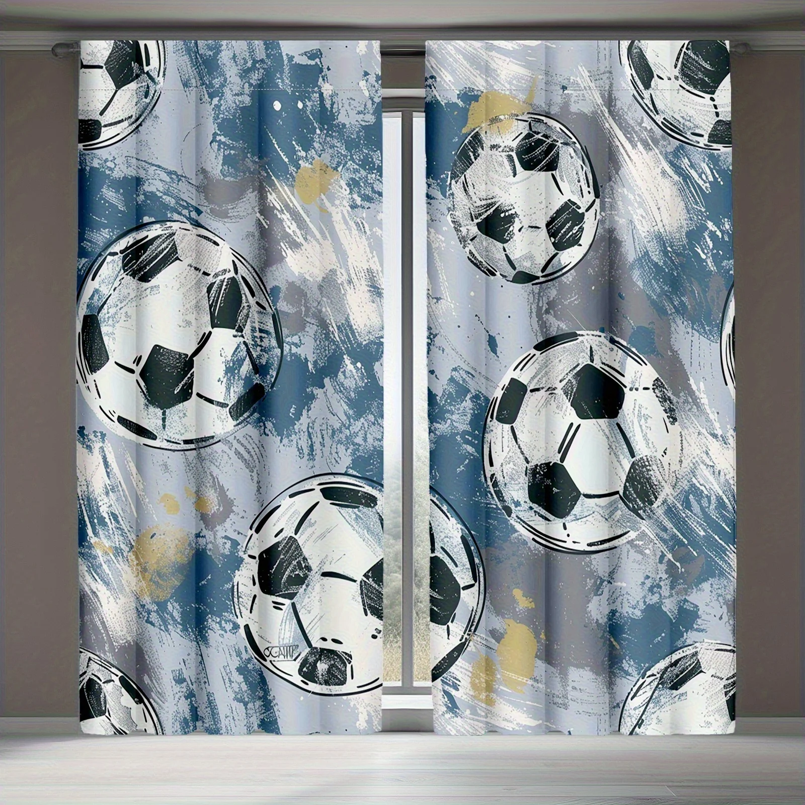 Blue Soccer Ball Curtain, Abstract Football Pattern Window Drape, Sports Theme Boys Bedroom Decor, Blackout Fabric for Kids Room