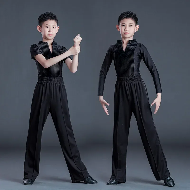 어린이 라틴 댄스 의상 옷 소년 라틴 댄스 드레스 탑 바지 정장 룸바 경쟁 댄스웨어 탱고 차차 의상