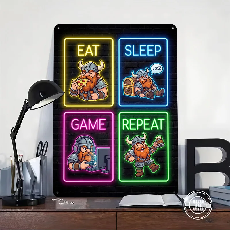 Eat Sleep Game Repeat Viking Poster Retro 3D Printed Metal Signs Customized Wall Hanging Gift for Office Decor Room House Art
