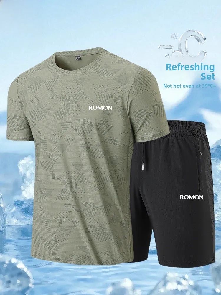 

Rn Ice Silk Qui Dry Sports Men's ort Sve orts Set Summer Faionable Mid-aged Men's Clothing Nylon Spandex Blend