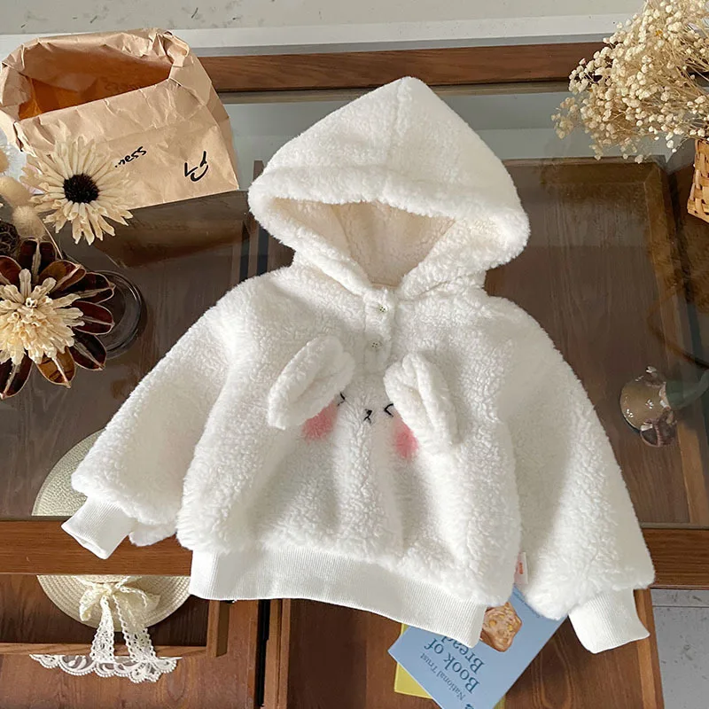 

Kids Baby Girls Sweatshirt Hooded Thick Warm Rabbit Toddler Girls Pullovers Casual Velvet Children 1-8Y Girls Plush Sweatshirt