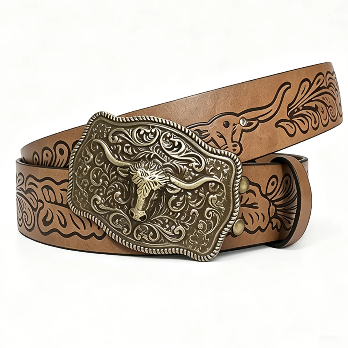 Vintage Western Cowboy PU Belt Gender‑Neutral Bull Head Metal Buckle Floral Embossed Waist Belt Casual Fashion Accessory