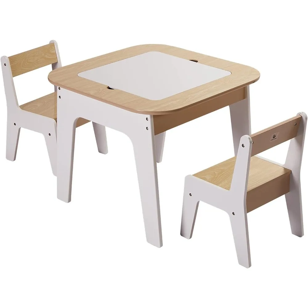 Juego de mesa y sillas de almacenamiento de madera Toffy & Friends, blanco, Juego de 3 piezas, Ideal para el aprendizaje de los niños, actividades o mesa de comedor