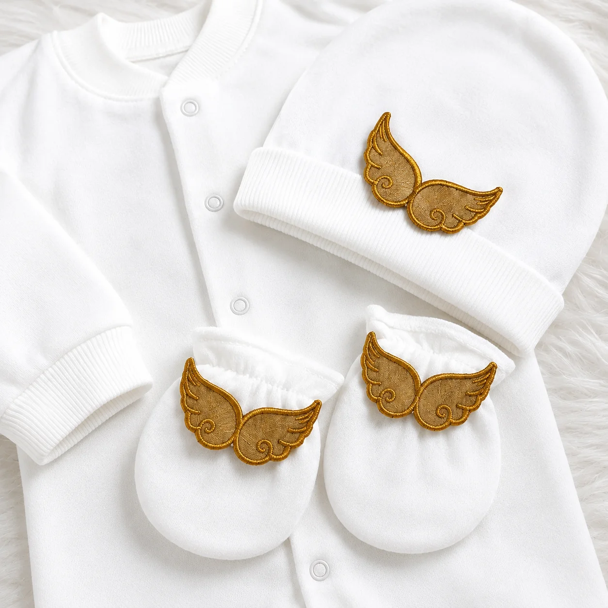 Soft White Newborn 4Pcs Romper Set Angel Wings Footed Jumpsuit Hat Mitten Shoes Infant Coming Home Baby Shower Gift