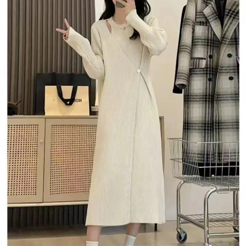 

Dresses Knit Women Solid Full Sleeve O Neck Long Dresses Casual Elegant Vestidos A Line Skinny Knitted Office Lady Auutumn