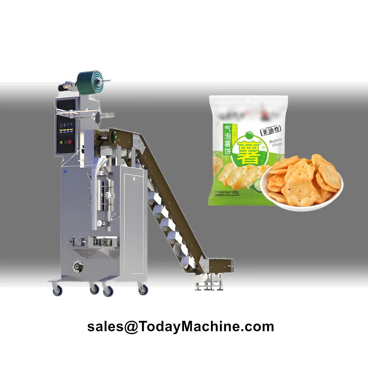 Halbautomatische Verpackungsmaschine mit Eimerkette für spröde Materialien, Kartoffelchips, Süßigkeiten, Kekse, Versiegelungsbeutel